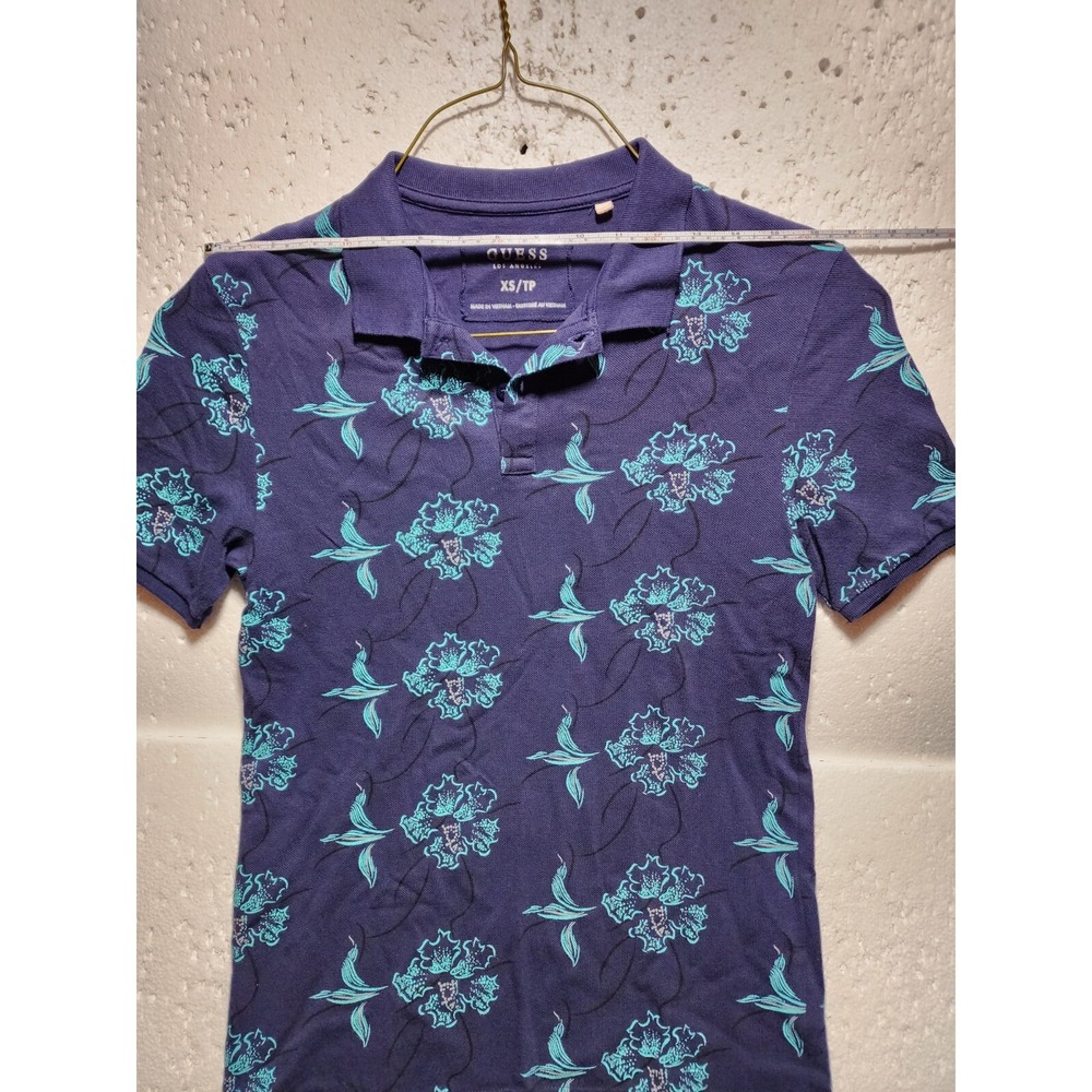 Guess Top Womens XL Blue Floral Short Sleeve Blouse Tank Collared Quarter Button - Picture 9 of 15